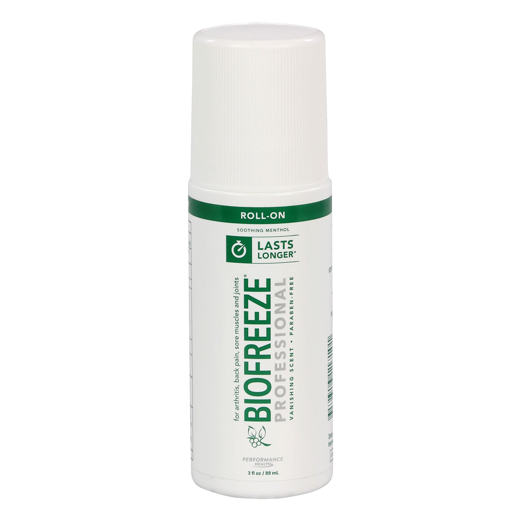 BIOFREEZE Professional Pain Relief Gel roll-on bottle with a white cap, designed for soothing sore muscles and joints, 3 fl oz size.