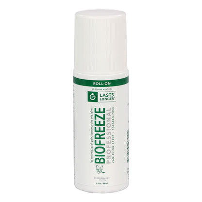 BIOFREEZE Professional Pain Relief Gel roll-on bottle with a white cap, designed for soothing sore muscles and joints, 3 fl oz size.