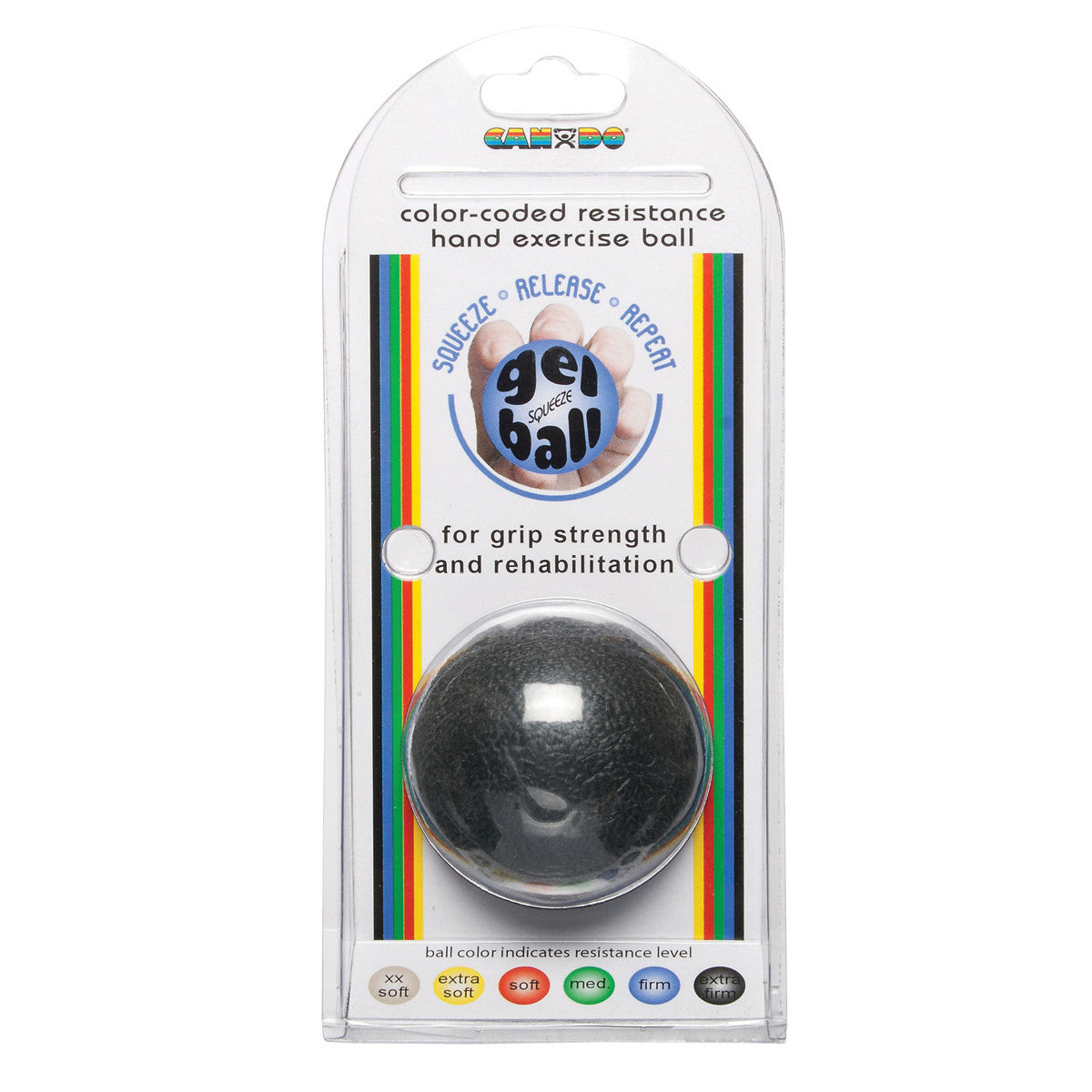 CanDo Gel Squeeze Ball in packaging, designed for grip strength and rehabilitation, with color-coded resistance levels.