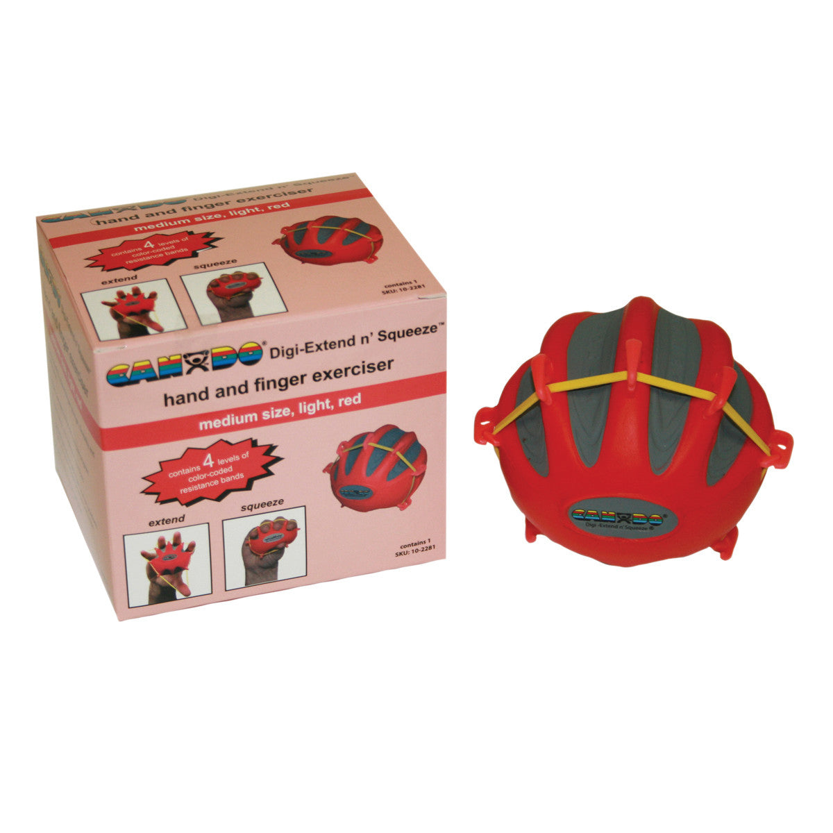 Box and red CanDo Digi-Extend n' Squeeze Hand Exerciser for hand and finger exercise, with multicolored resistance bands.