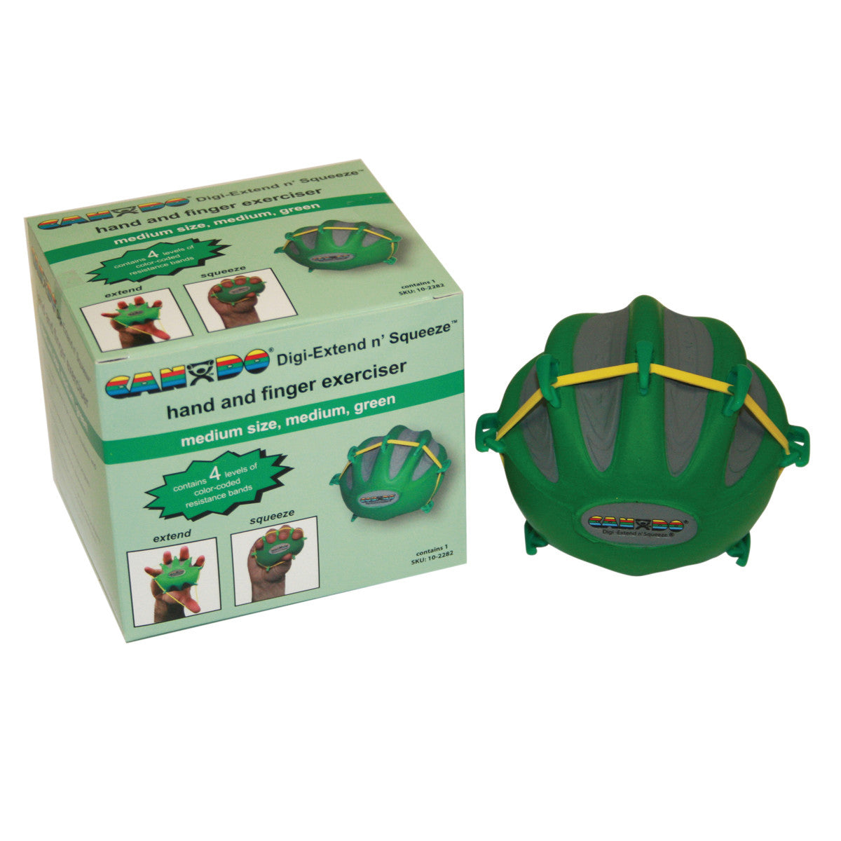 Box and green CanDo Digi-Extend n' Squeeze Hand Exerciser, shown with yellow bands; used for hand and finger exercises.