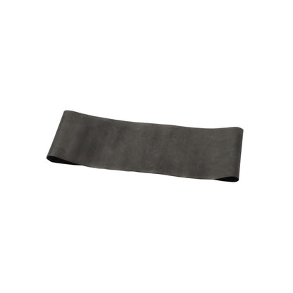 A black CanDo Band Exercise Loop, made of elastic material, lying flat with slight bends on both sides.
