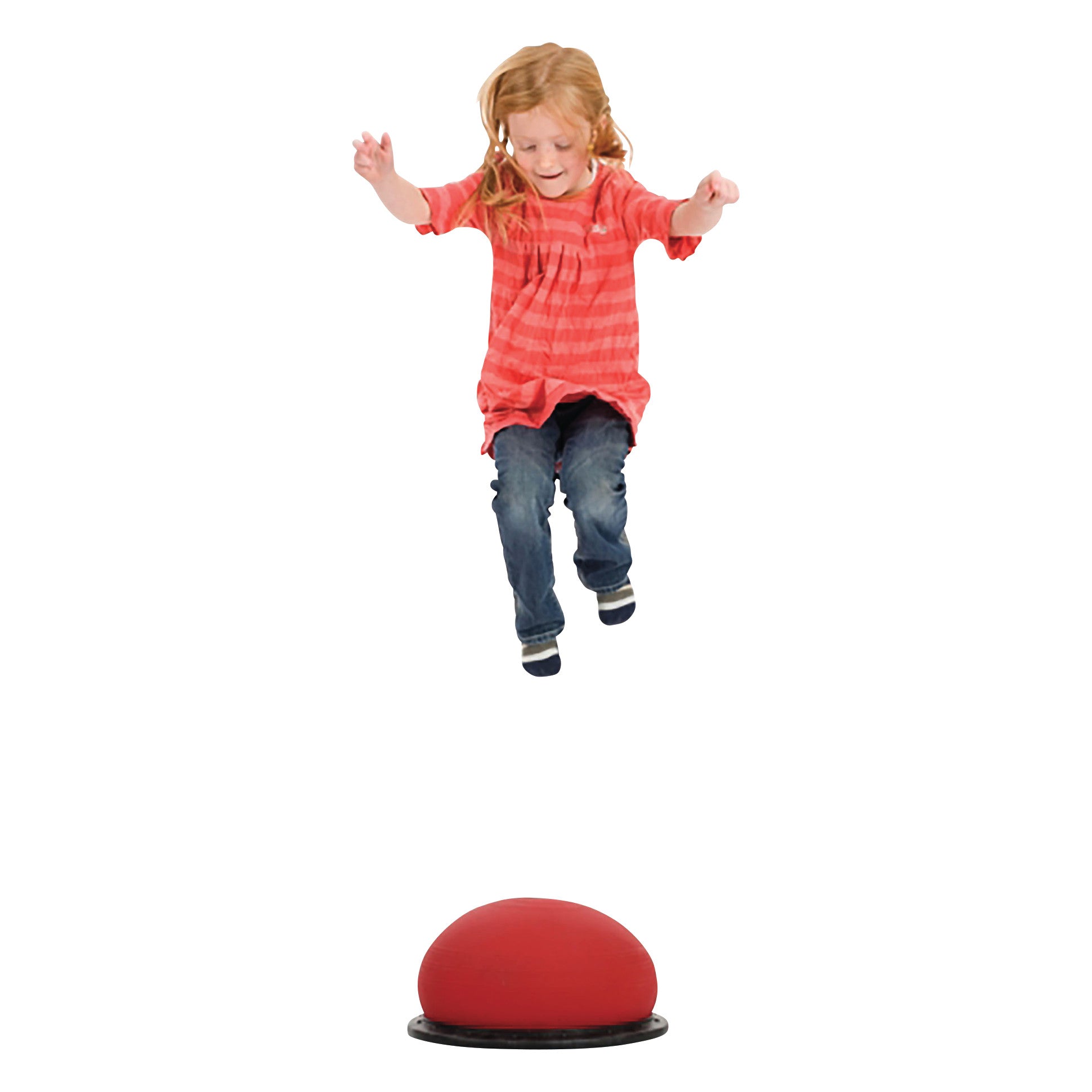 A child in a red shirt is jumping onto a TOGU Jumper Stability Dome with a white background.