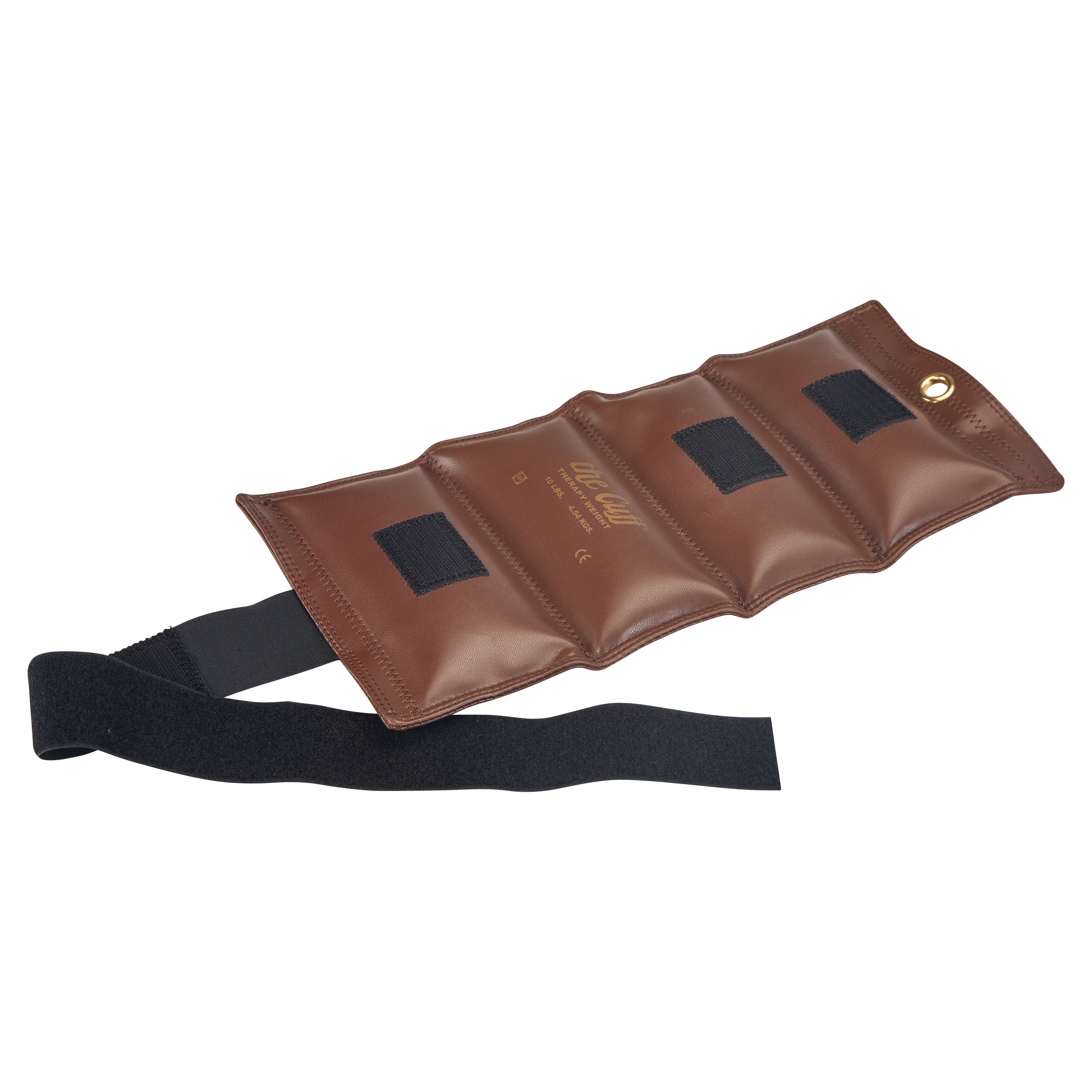 AliMed Color-Coded Cuff Weight in brown with adjustable black straps and hook and loop fasteners on the exterior.