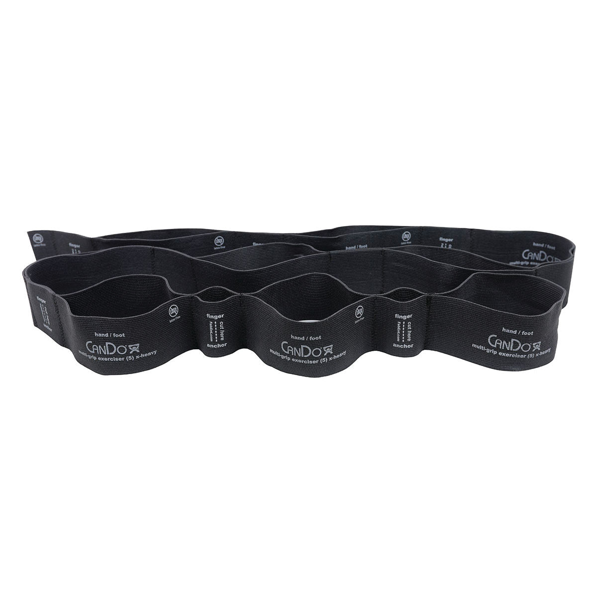 A black CanDo Multi-Grip Exerciser band features multiple loops and is designed for hand and foot exercises in physical therapy.