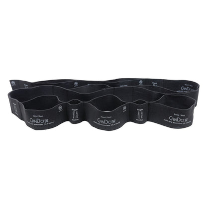 A black CanDo Multi-Grip Exerciser band features multiple loops and is designed for hand and foot exercises in physical therapy.