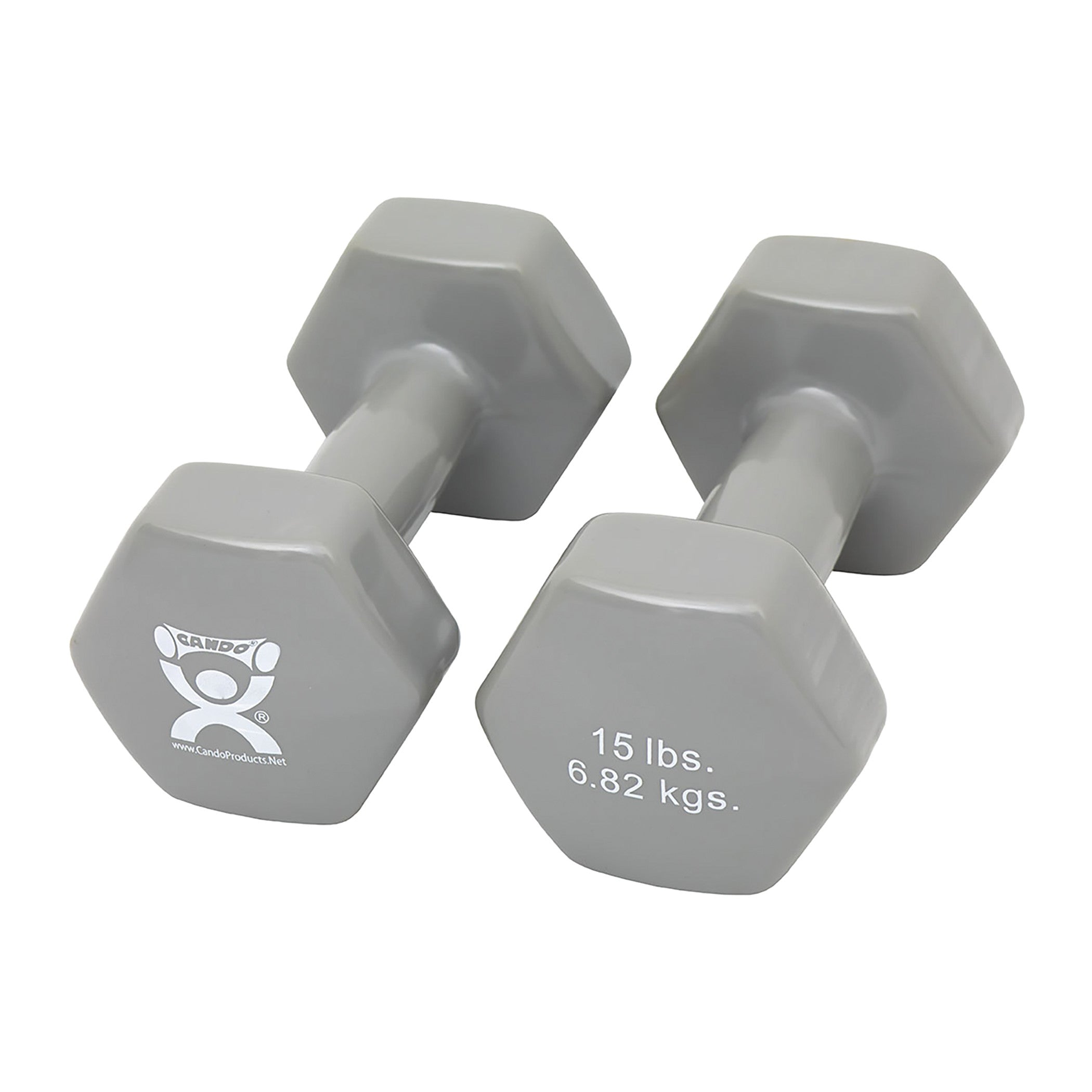 Two gray CanDo Vinyl-Coated Dumbbells, each weighing 15 lbs (6.82 kgs), with a hexagonal shape.