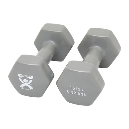Two gray CanDo Vinyl-Coated Dumbbells, each weighing 15 lbs (6.82 kgs), with a hexagonal shape.