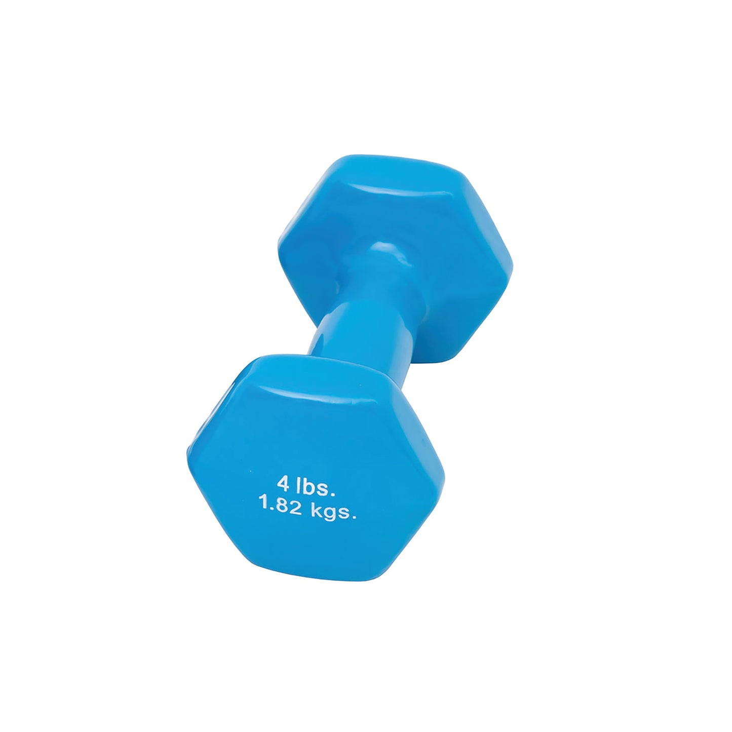 Blue CanDo Vinyl-Coated Dumbbell weighing 4 lbs (1.82 kgs) with hexagonal ends.
