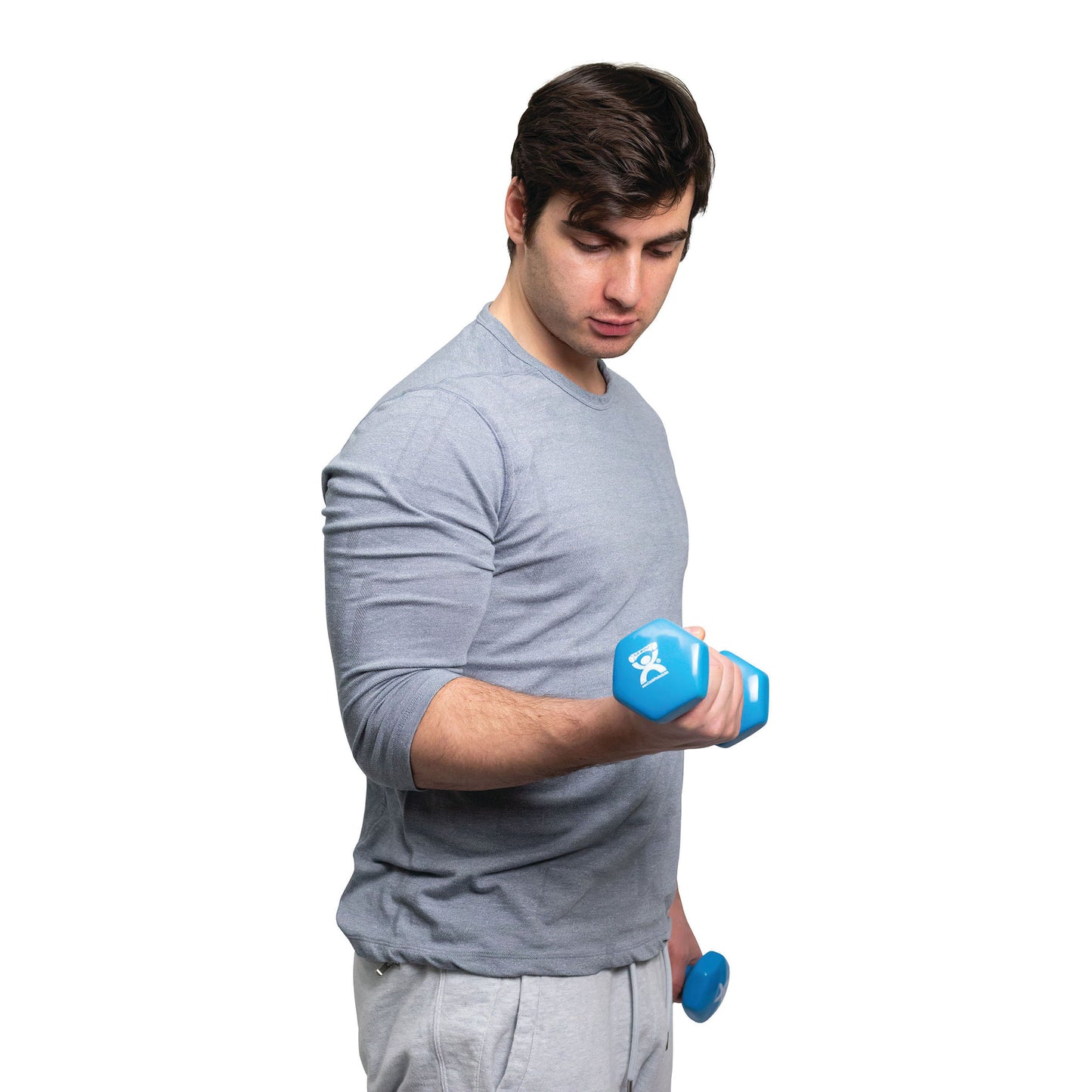 A man in a gray shirt lifts a blue CanDo Vinyl-Coated Dumbbell while looking at it, against a plain white background.