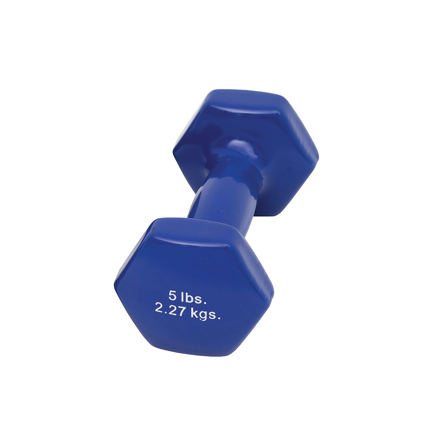 A blue CanDo Vinyl-Coated Dumbbell weighing 5 lbs (2.27 kgs) with a hexagonal shape is shown on a white background.