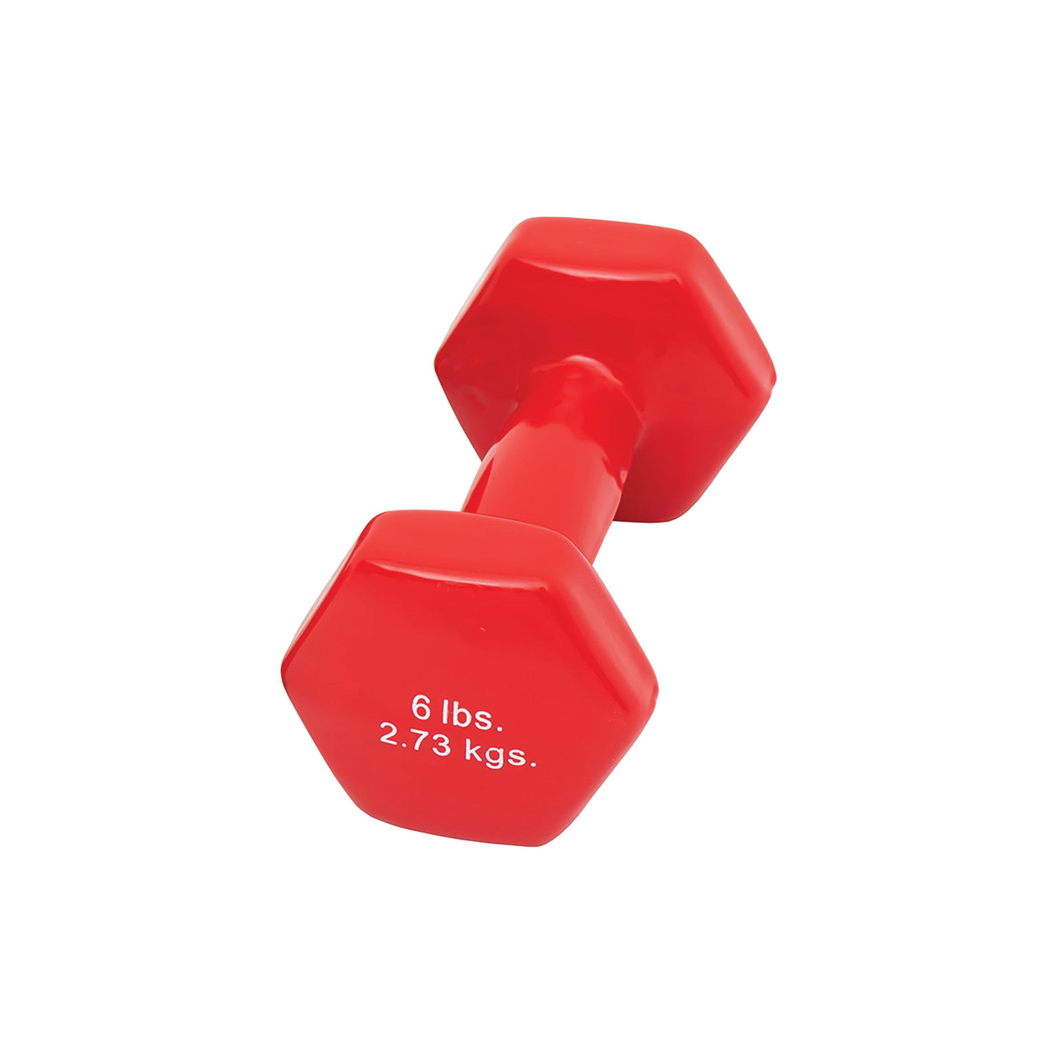 Red CanDo Vinyl-Coated Dumbbell with hexagonal ends. It weighs 6 lbs (2.73 kgs).