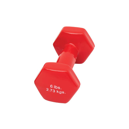Red CanDo Vinyl-Coated Dumbbell with hexagonal ends. It weighs 6 lbs (2.73 kgs).