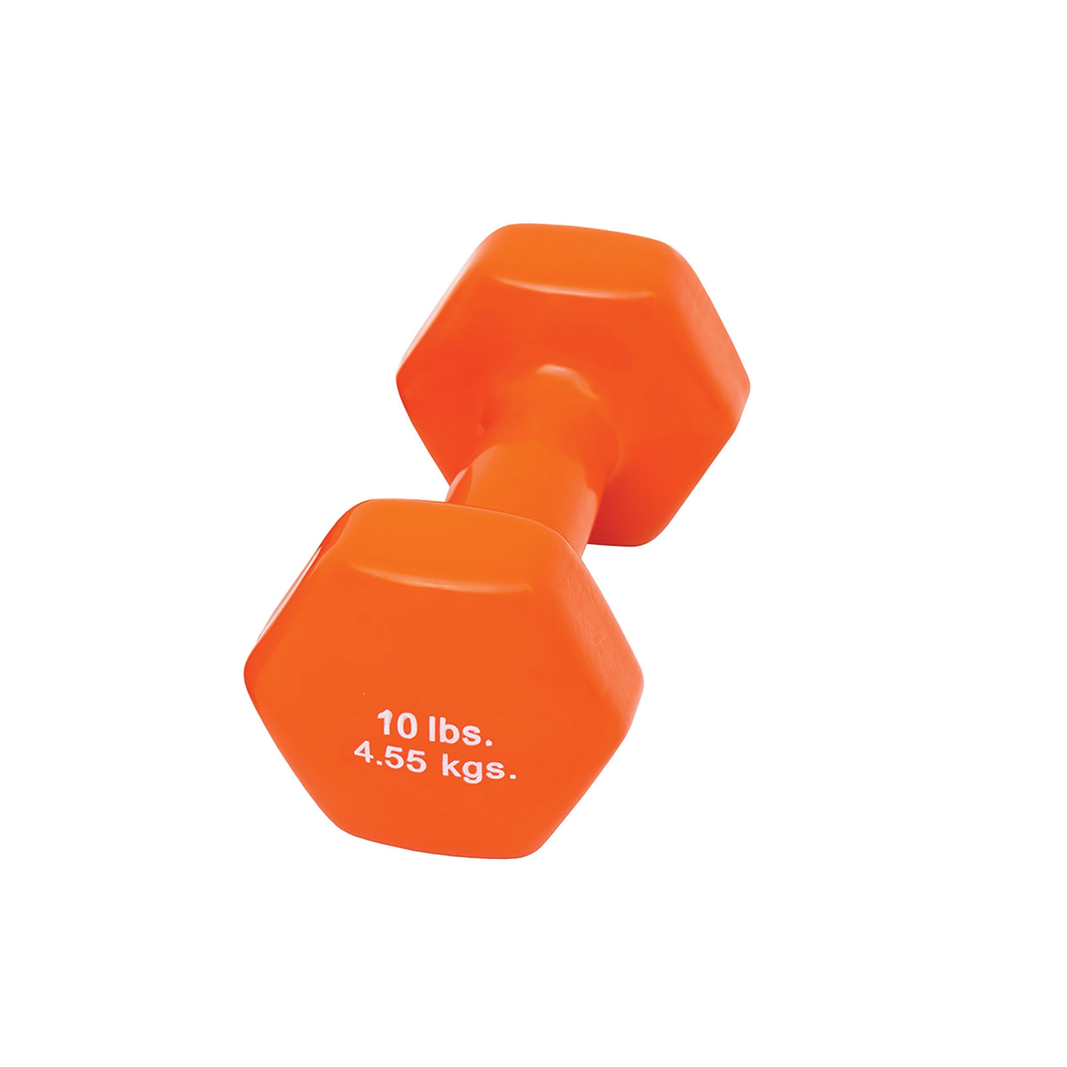 An orange CanDo Vinyl-Coated Dumbbell with a hexagonal shape, labeled with its weight as 10 lbs. (4.55 kgs).