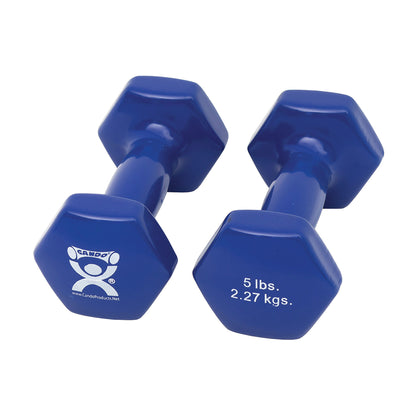 Two blue CanDo Vinyl-Coated Dumbbells, each weighing 5 lbs (2.27 kgs), featuring hexagonal ends and a glossy finish.