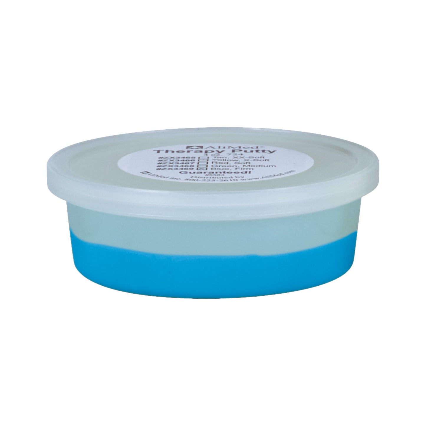 Container of AliMed Color-Coded Therapy Putty with a blue layer and a white lid featuring a product label on top.