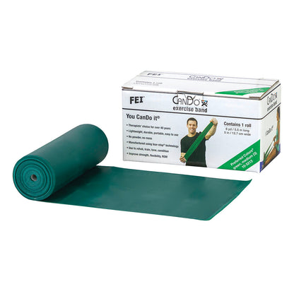 CanDo Latex Exercise Band, in green, is unrolled next to its packaging box which lists features and usage instructions.