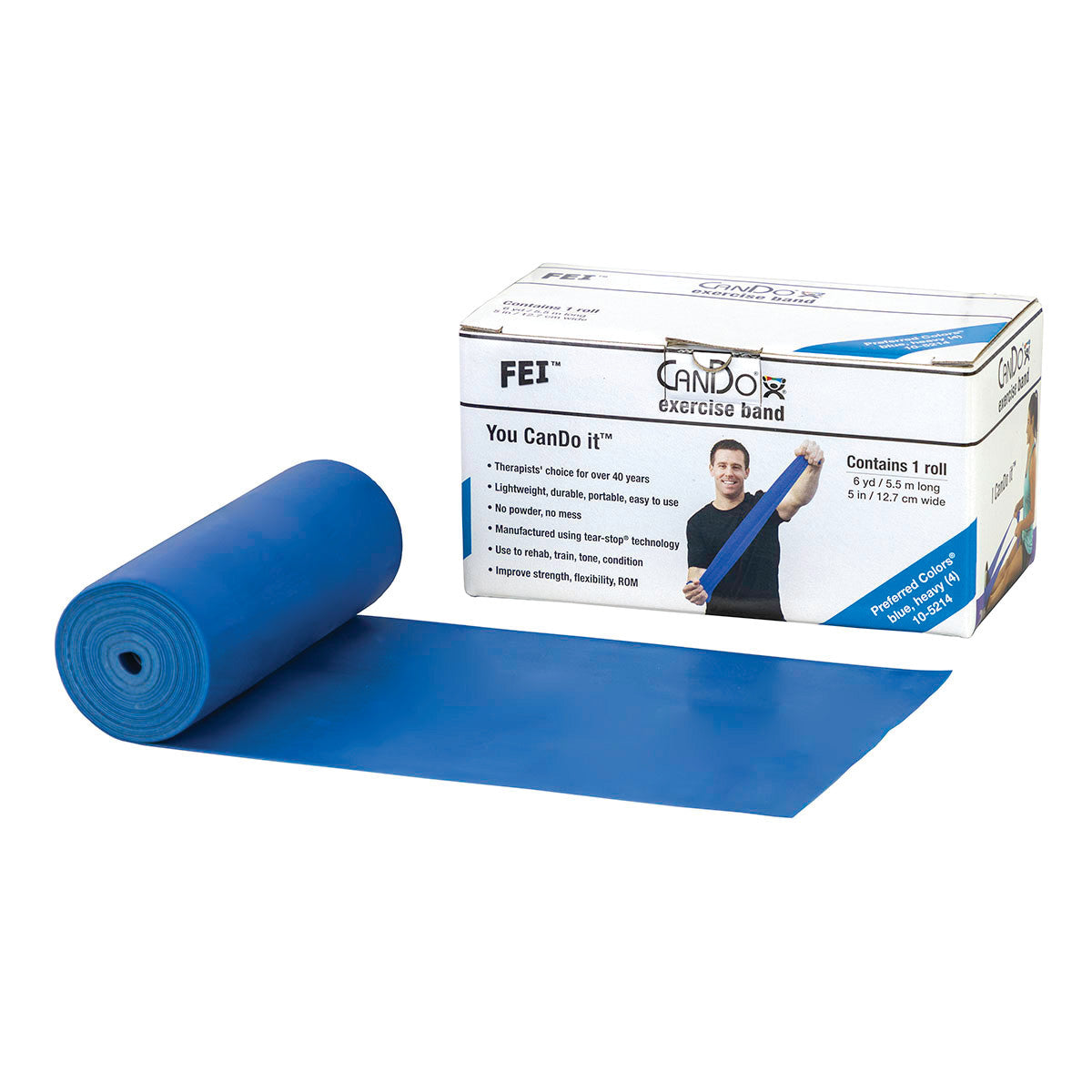A blue CanDo Latex Exercise Band with its packaging, showcasing its features like durability and versatility for rehab and training.
