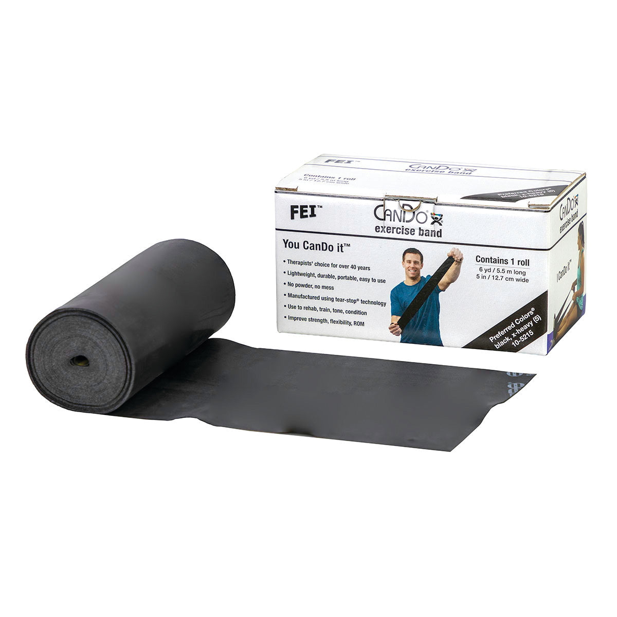 A black CanDo Latex Exercise Band roll appears beside its branded box, displaying the product details and features.