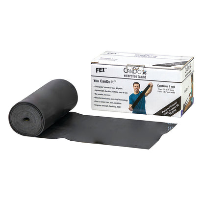 A black CanDo Latex Exercise Band roll appears beside its branded box, displaying the product details and features.