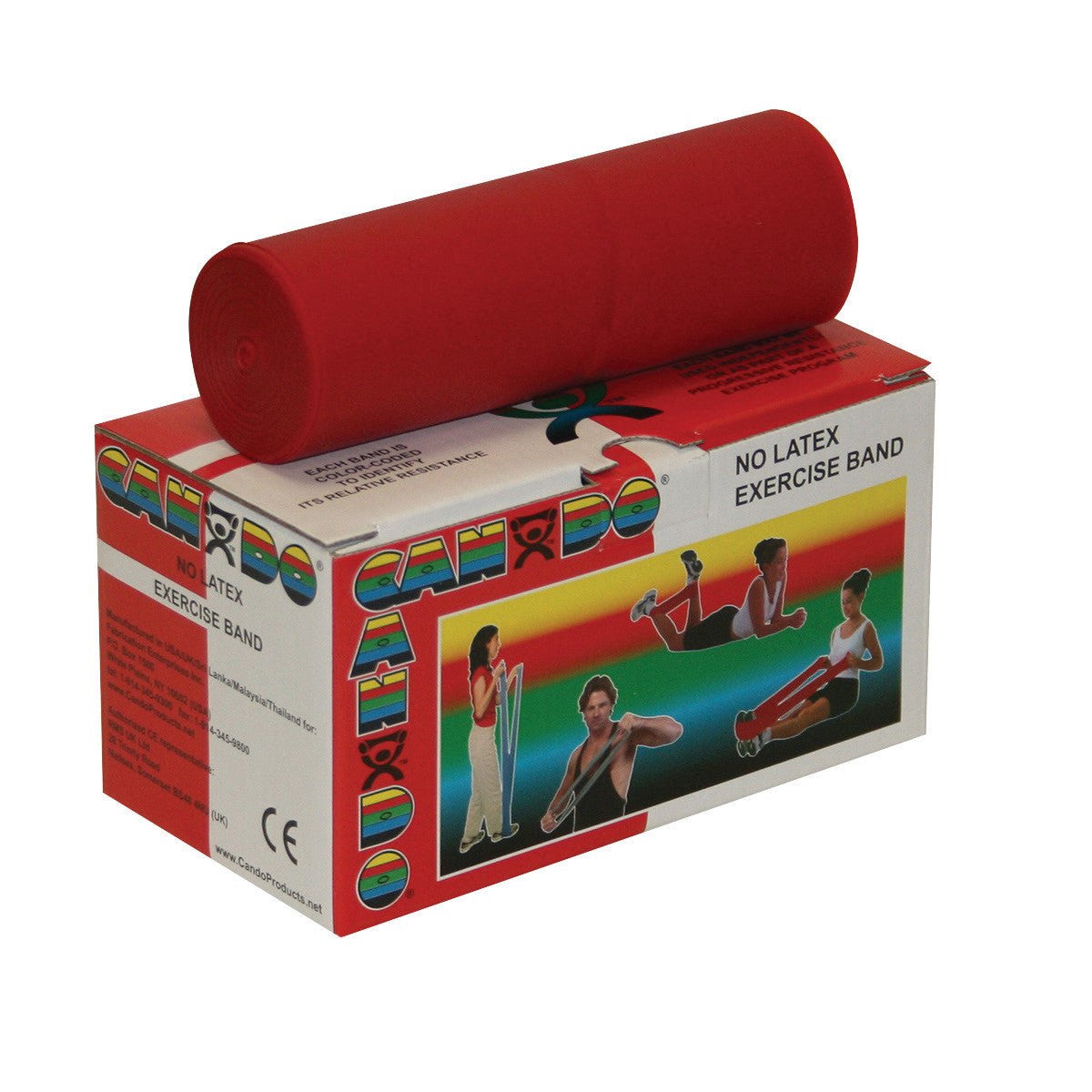 Red CanDo Non-Latex Exercise Band rolled on a colorful box showing people using the band in various exercises.