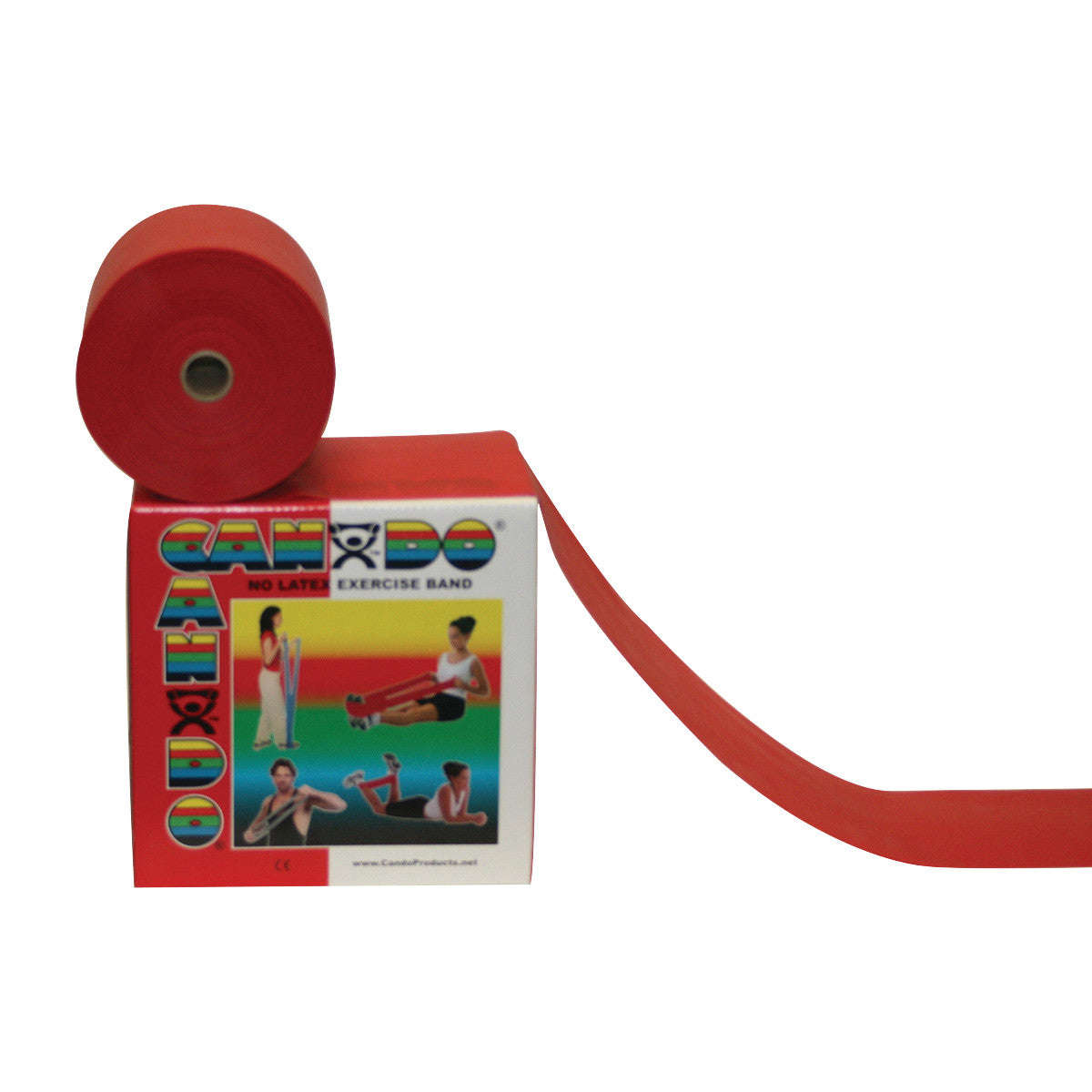 A roll of red CanDo Non-Latex Exercise Band is shown on top of its colorful box, which depicts various exercise illustrations.