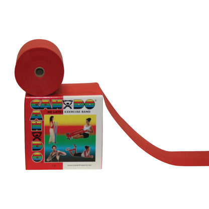 A roll of red CanDo Non-Latex Exercise Band is shown on top of its colorful box, which depicts various exercise illustrations.