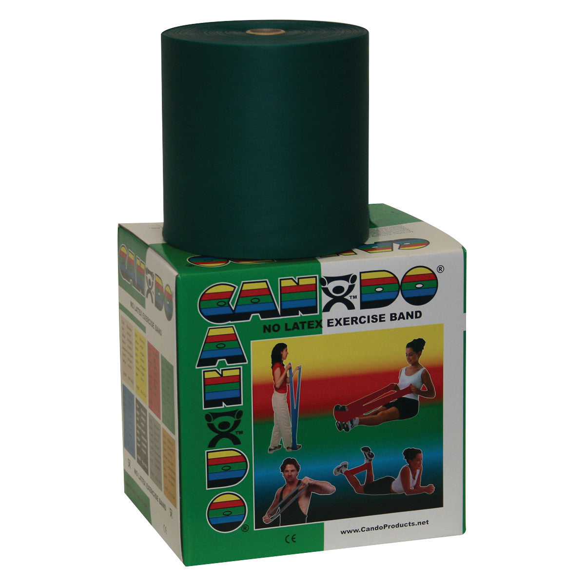 A CanDo Non-Latex Exercise Band roll sits atop its colorful box, featuring images of people using the band for exercises.