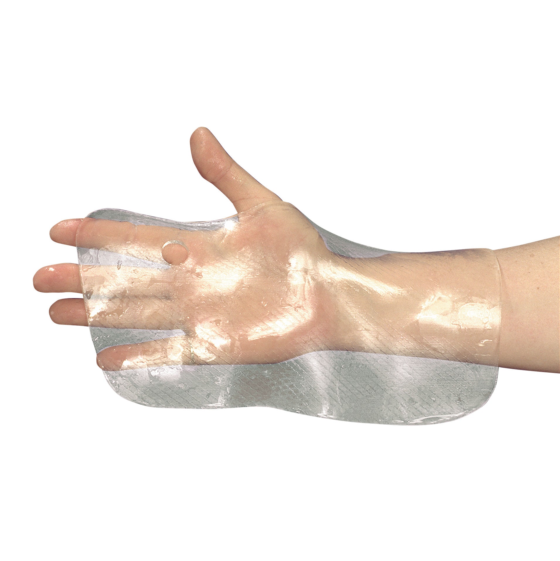A hand and arm are covered with AliMed Multiform Clear Thermoplastic Splinting Material featuring a hole for the thumb.