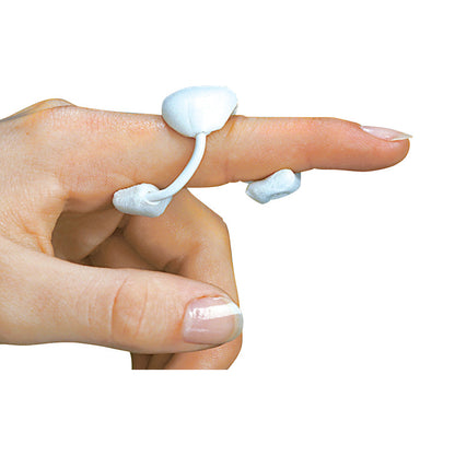 A hand with a DeRoyal LMB Light Extension Finger Spring (Model 602) on the middle finger, providing support and alignment.