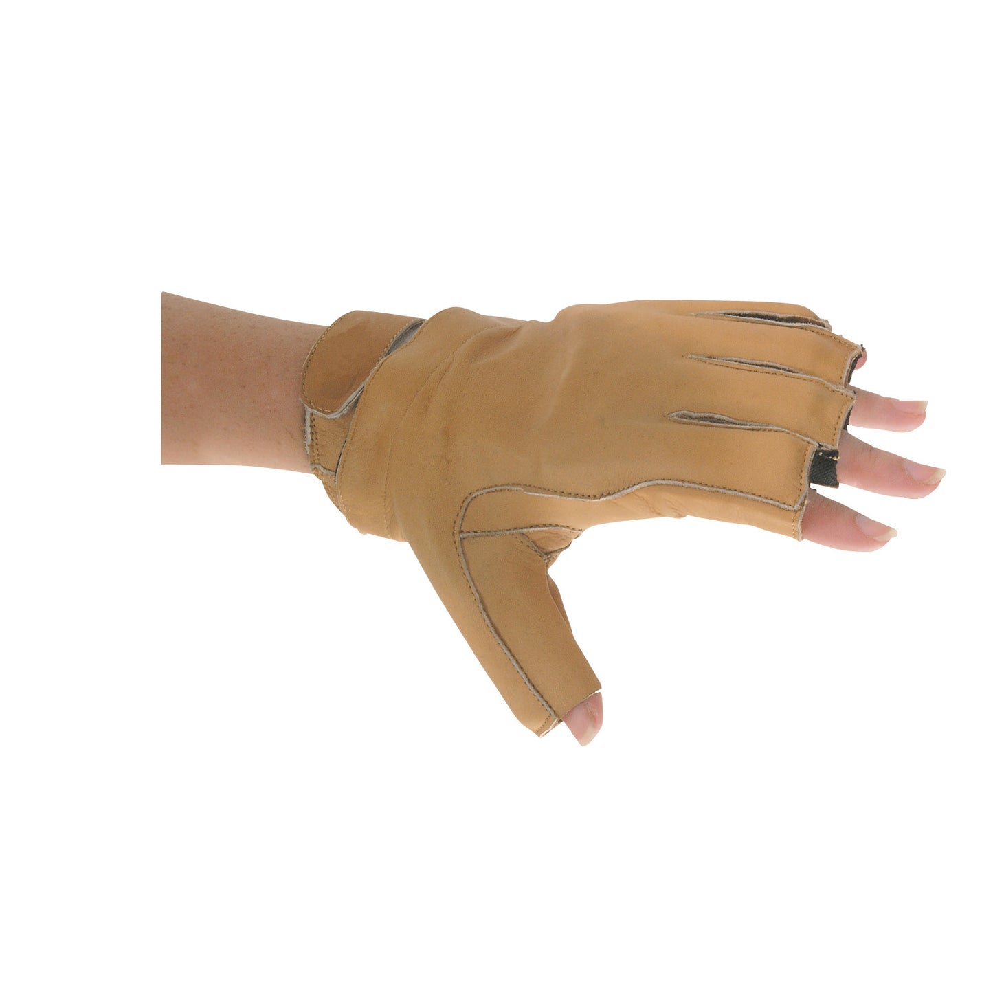A tan AliMed Hand-Based Radial Nerve Splint is worn on a person's hand, leaving the thumb and fingers partially exposed.
