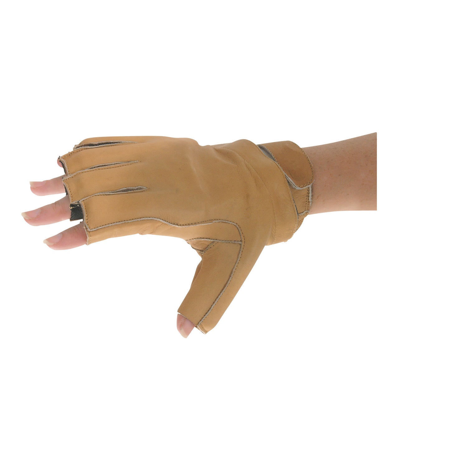 A person wears an AliMed Hand-Based Radial Nerve Splint in tan leather, supporting the hand and wrist with open finger design.