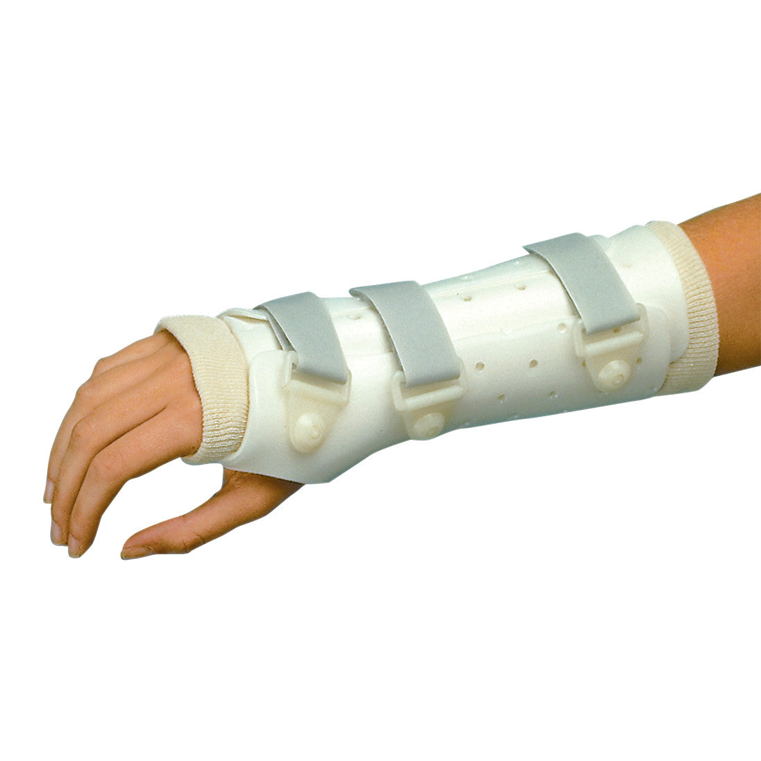 A person's arm wearing a Wrist-Hand PlastiCast, a white orthopedic brace with gray straps, supporting the wrist and hand.