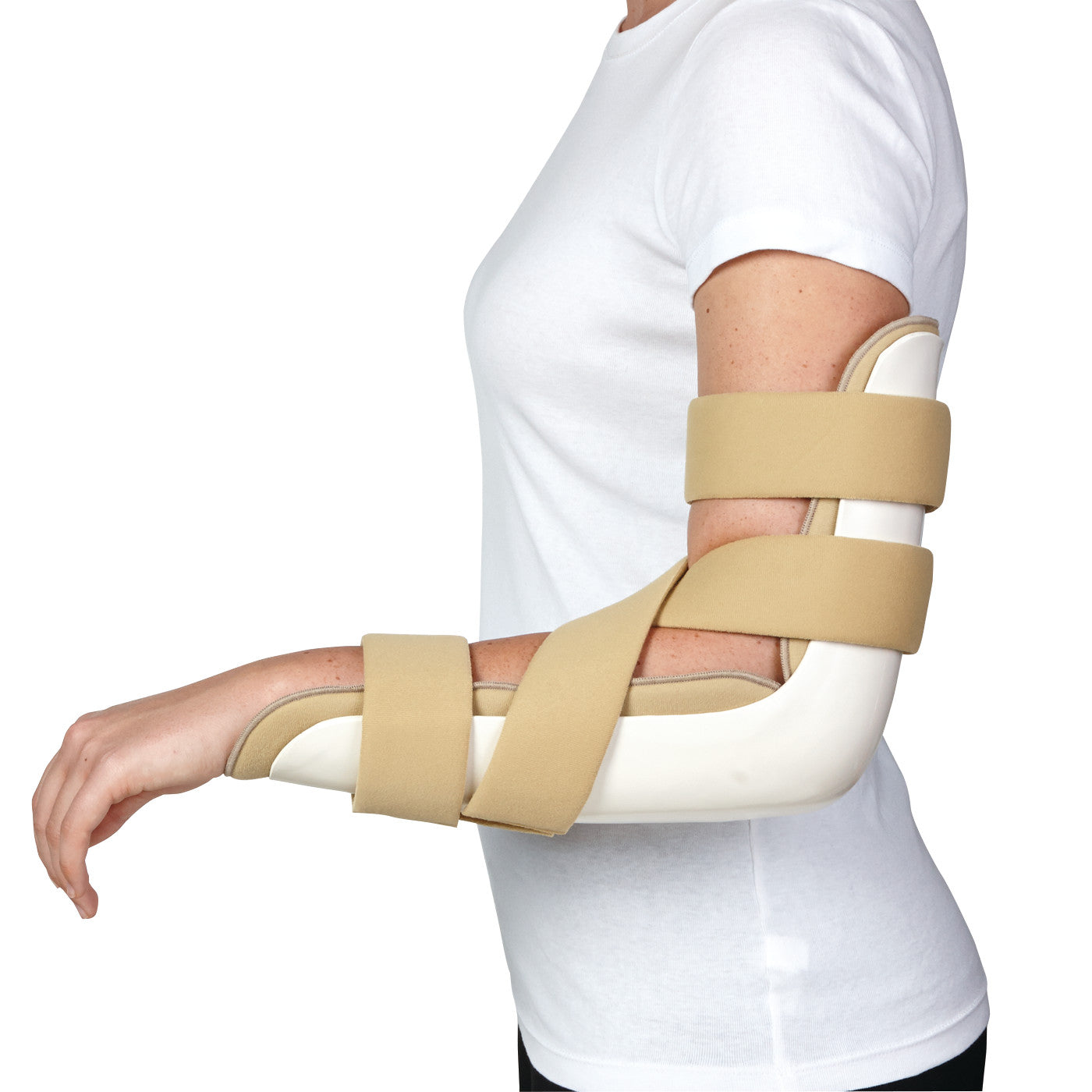 A person wears an AliMed Posterior 90 Degree Flexion Elbow Orthosis with beige straps, providing support to their arm.