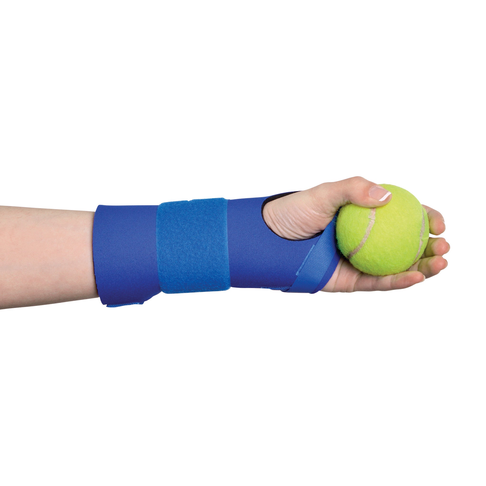A person wearing an AliMed FREEDOM Neoprene CTS Grip-Fit Splint on their wrist, gripping a yellow tennis ball.