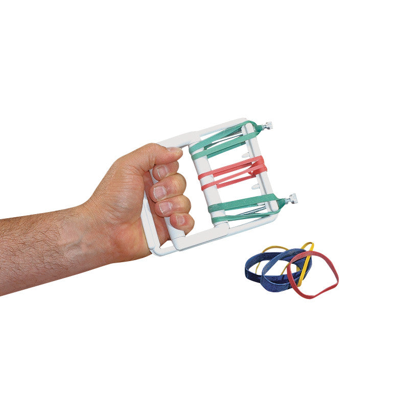 A hand holds a Deluxe Hand Exerciser with Rubber Bands, while additional multi-colored bands sit nearby on a white background.