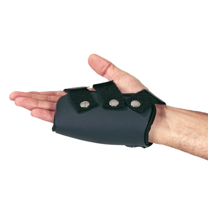 A hand wearing the AliMed FREEDOM comfort Boxer's Fracture Orthoses with MP Extension, secured with three straps and metal fasteners.