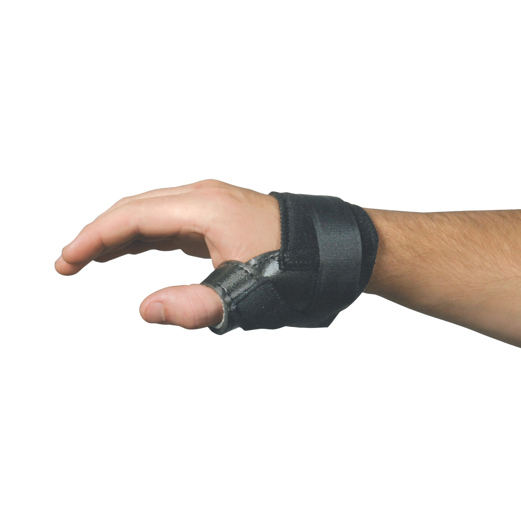A person's hand wearing the AliMed FREEDOM Thumb Stabilizer, featuring a black strap and support around the thumb and wrist.
