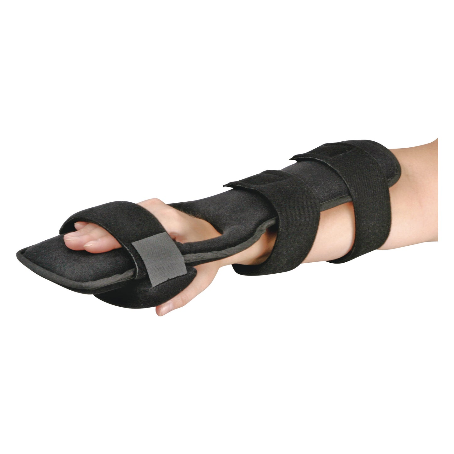 A person's hand and wrist are supported in an AliMed Dorsal Resting Splint, secured with black straps.
