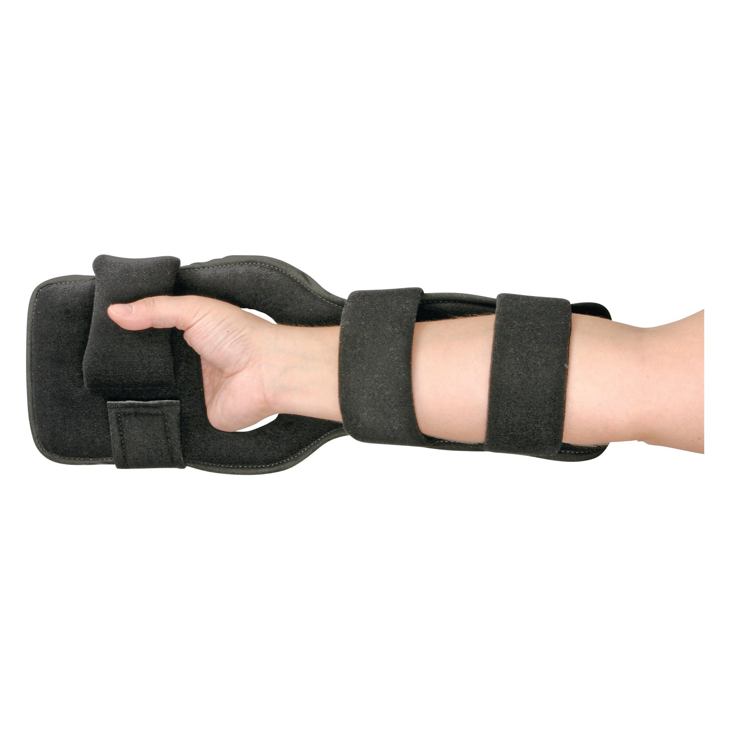 A hand wearing an AliMed Dorsal Resting Splint, featuring black straps and padding for wrist support and immobilization.