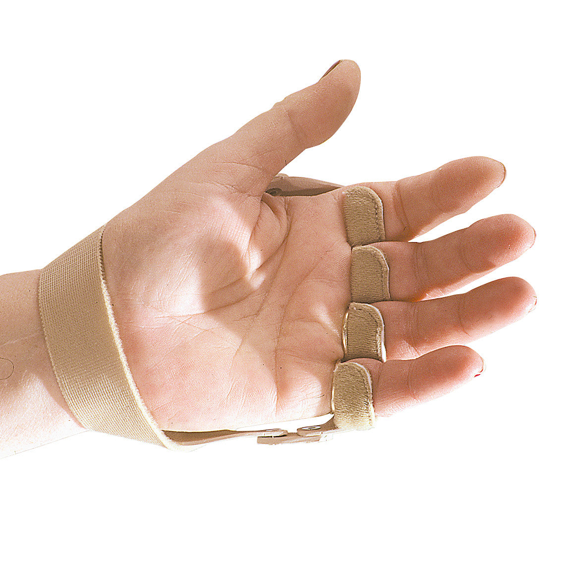 A hand wearing a 3pp Polycentric Hinged Ulnar Deviation Splint, featuring beige straps and finger supports for stabilization.