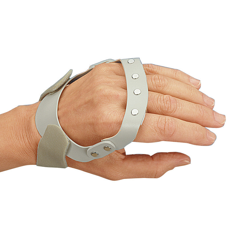 A hand wearing a 3pp Polycentric Hinged Ulnar Deviation Splint with metallic rivets and Velcro straps for support.