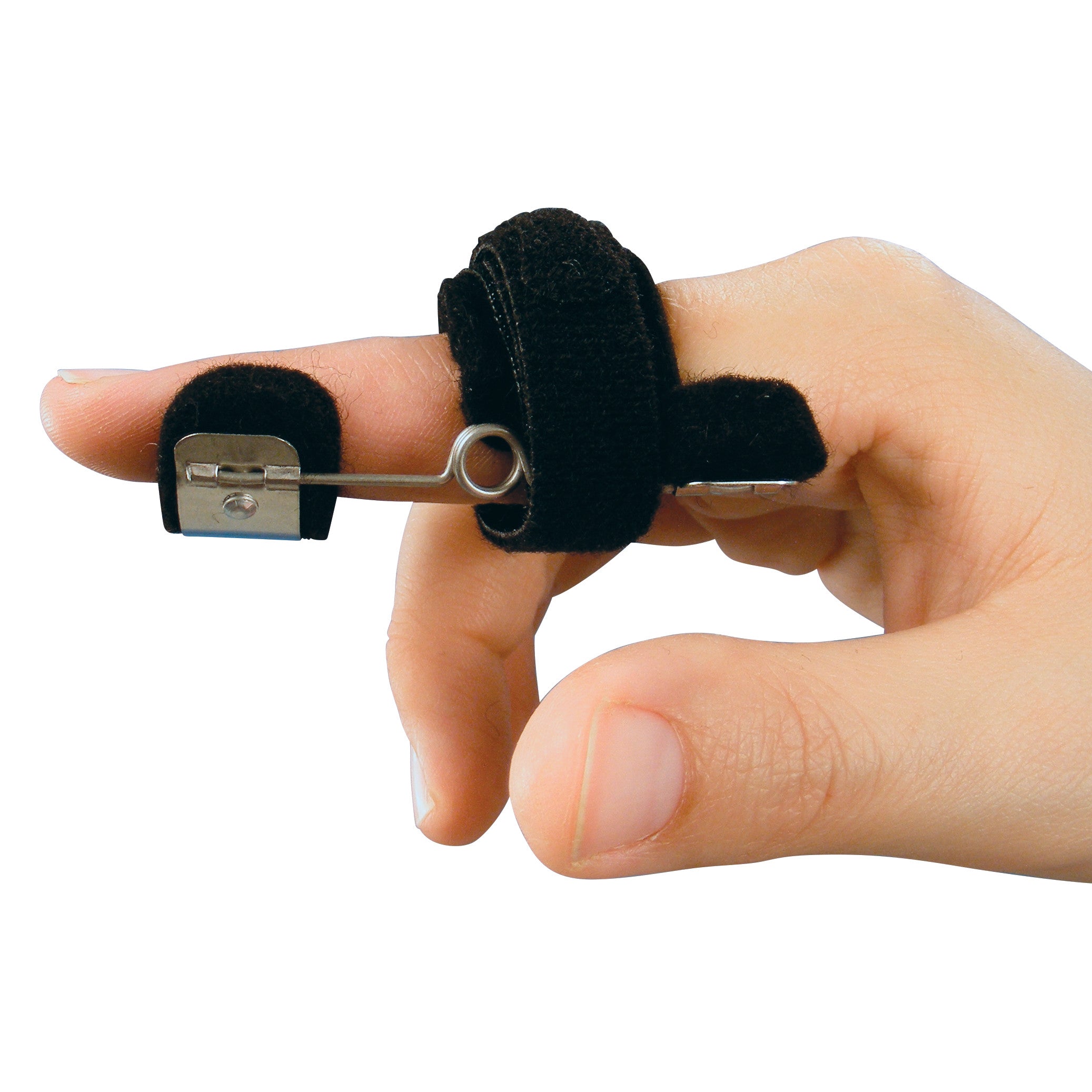 A hand wearing a Bunnell Modified Safety Pin splint with black straps on an index finger, demonstrating its use for finger support.