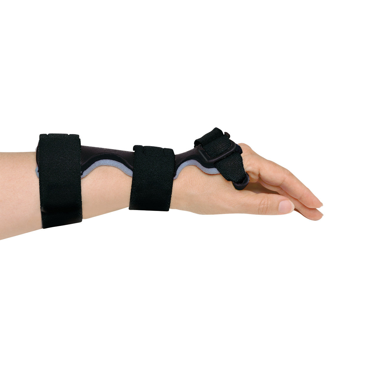 A person's hand is fitted with the RCAI Dorsal Carpal Tunnel Splint, using adjustable black straps for support and stability.