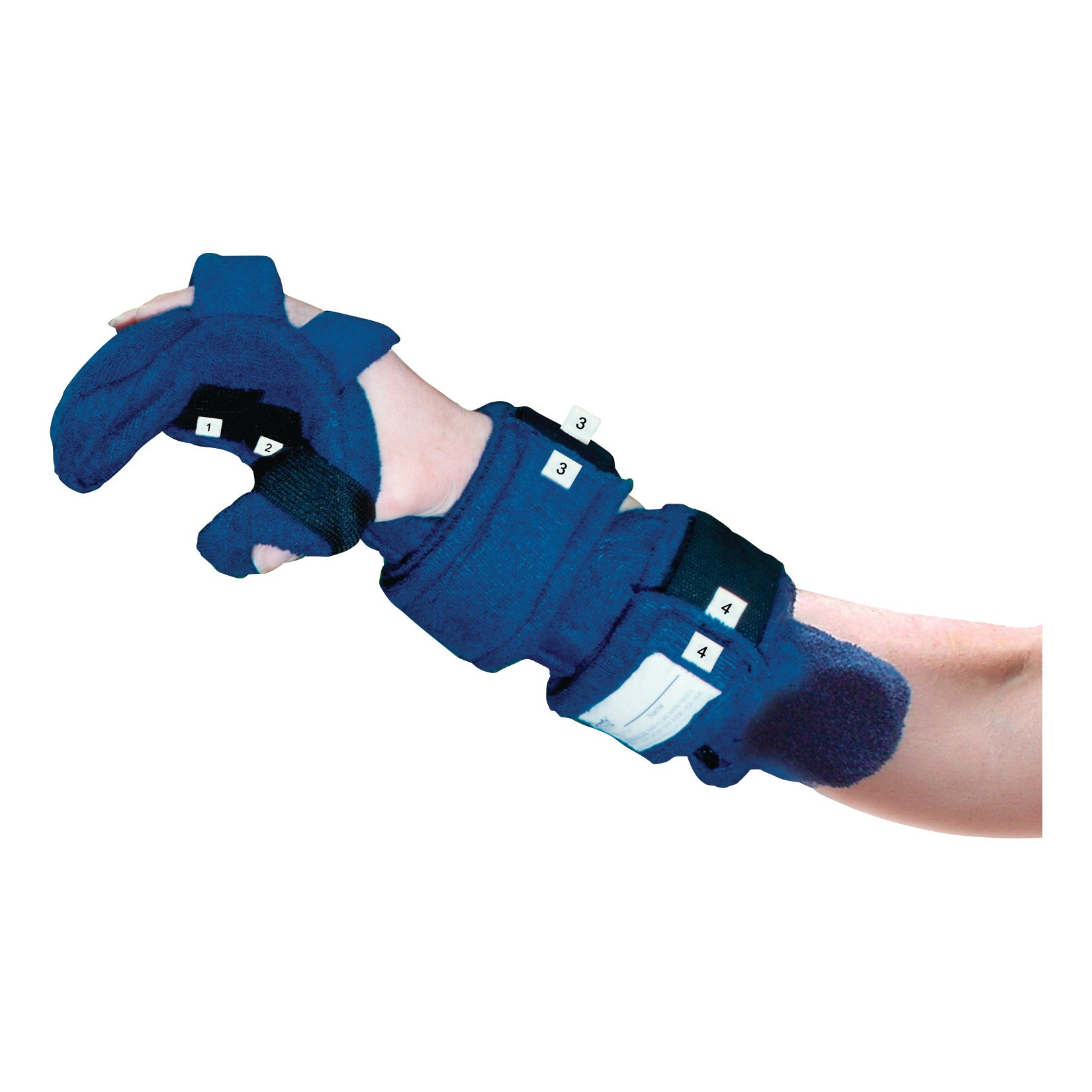 A hand is wearing the Comfy Splints Adult Cuddler Opposition Hand/Thumb Orthosis with numbered black straps for support.