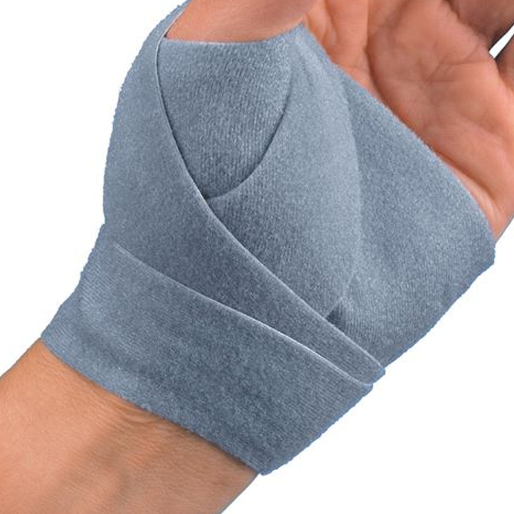 A person's hand is wearing a gray 3pp ThumSling Thumb Splint, providing support with a wrap-around design for the thumb.