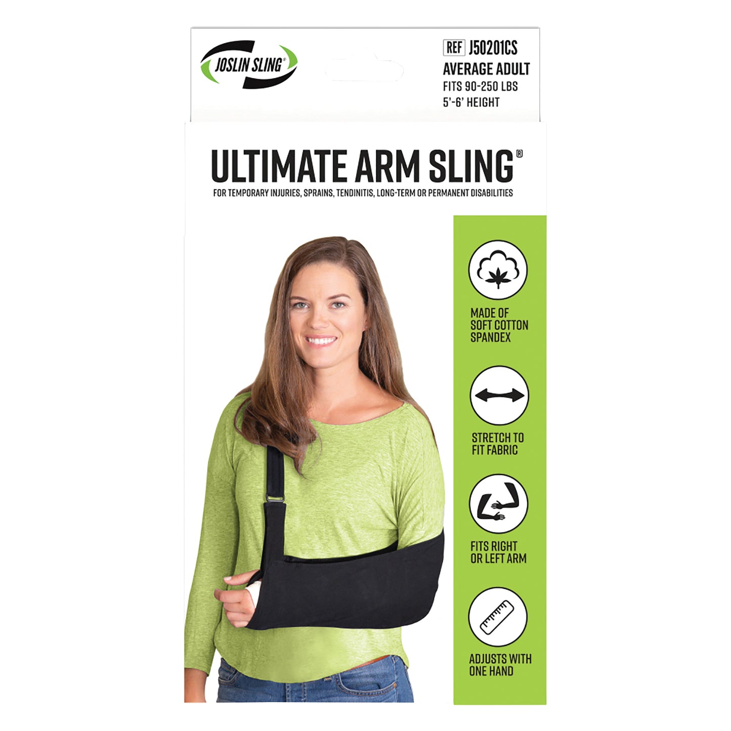 A woman wears a Brownmed Joslin Ultimate Arm Sling, made of soft cotton-spandex and adjustable.
