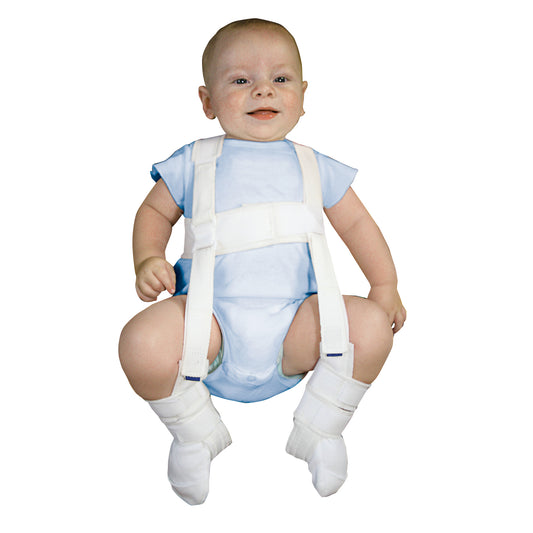 A baby wearing an AliMed Pavlik-Type Harness, dressed in a blue outfit, with straps securing the legs and torso for hip support.