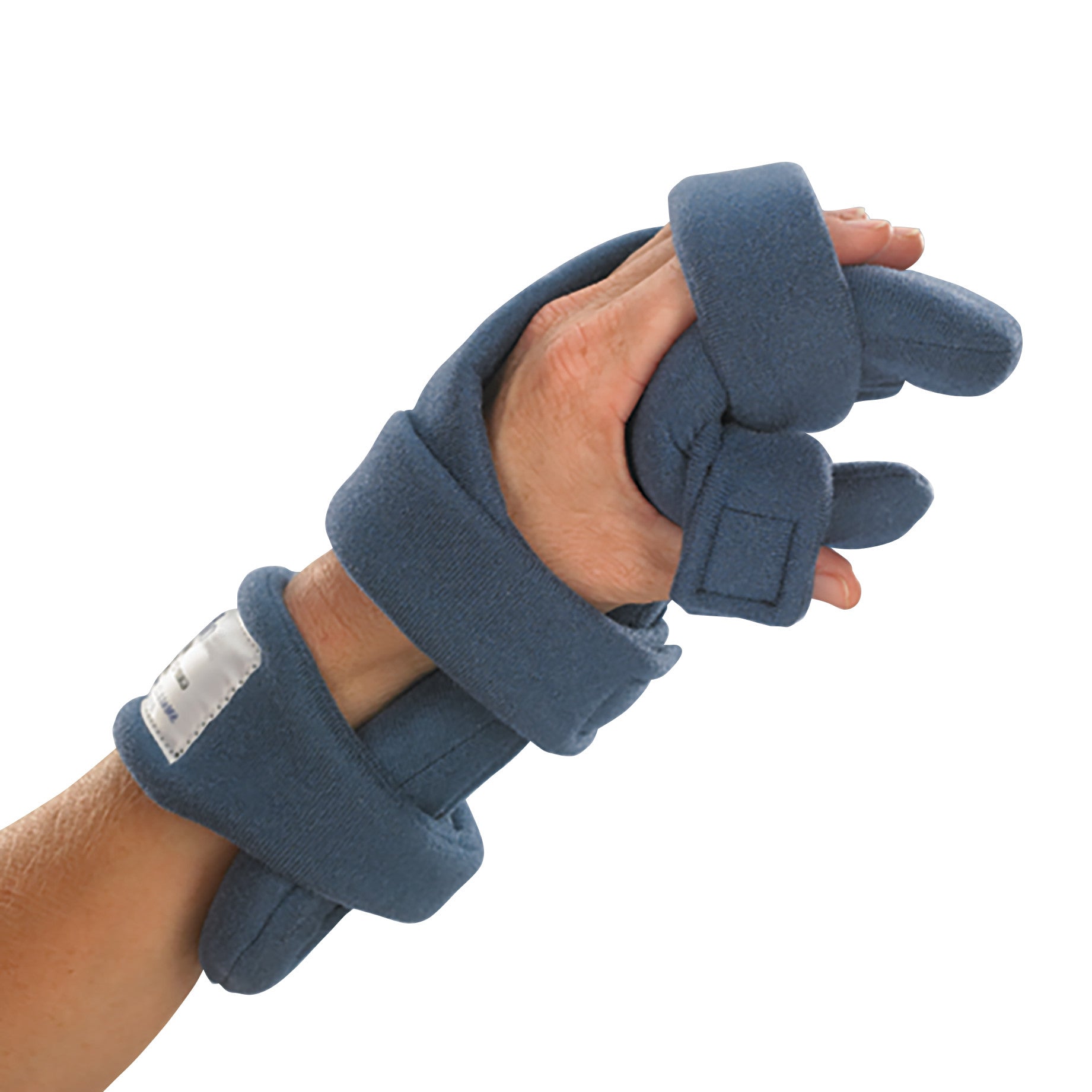 A hand fitted with the OCSI SoftPro Functional Resting WHFO, a blue cushioned orthotic device with adjustable straps for support.