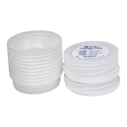 Stacks of transparent plastic containers for AliMed Therapy Putty, with one lid showing product information about the putty's softness levels.